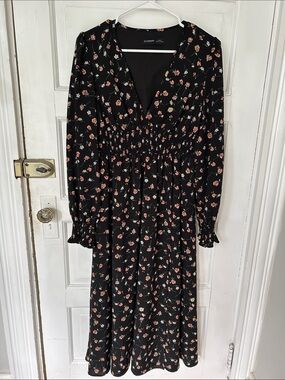 Luxedo Black Midi Dress with Small Pink Floral Print